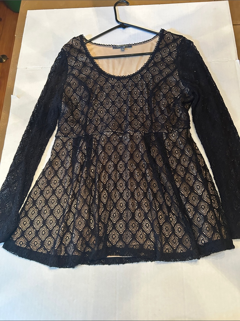 Catherine Malandrino Black Lace Peplum Tunic with Nude Underlay-Large
